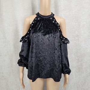 Desfios Black Crushed Velvet Velour Cold Shoulder Long Sleeve Top